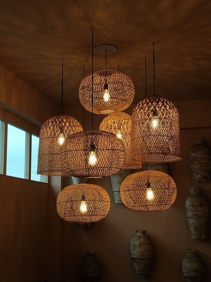 Aesthetic Bamboo Ceiling Lamps handing from the ceiling