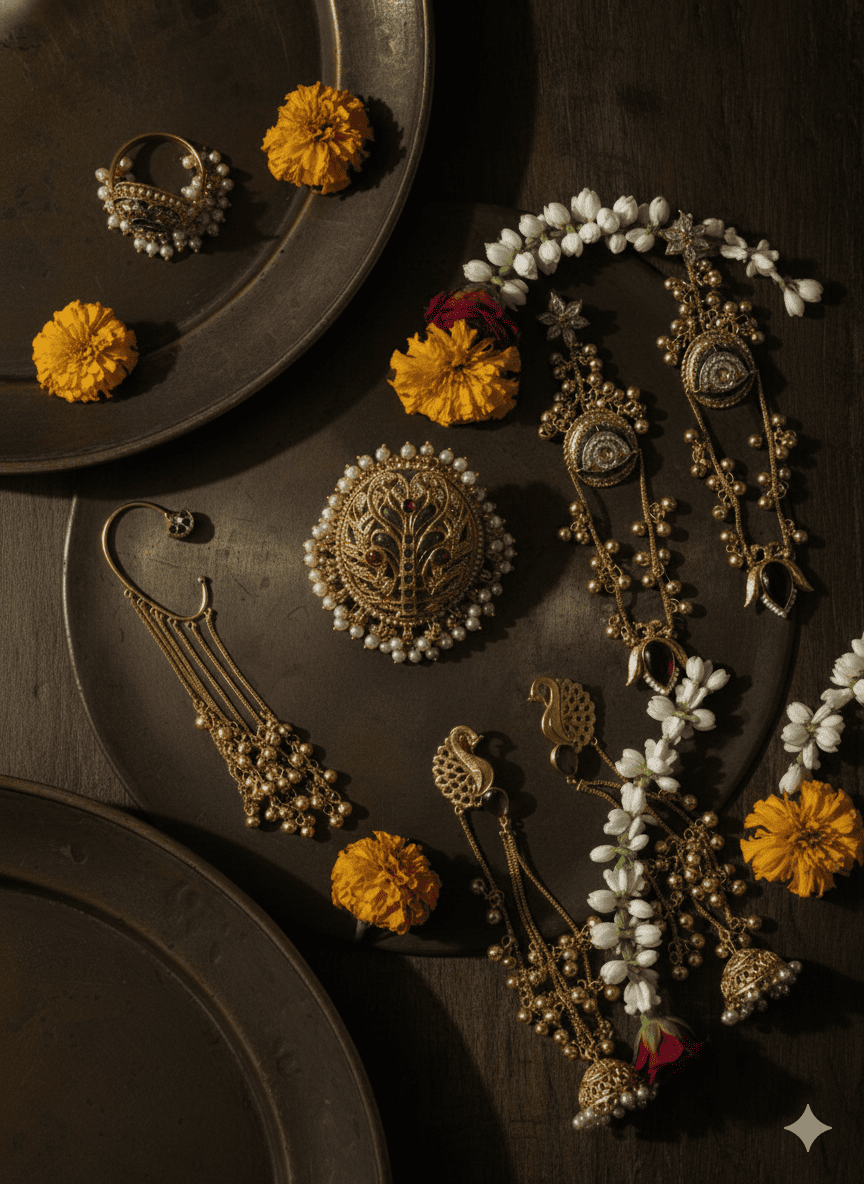 Gold and pearl jewelry with yellow flowers on a dark surface.
