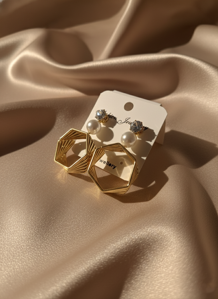 3-Pair Silver Earring Set – Pearls, Studs & Hoops | Elegant Everyday & Party Jewelry