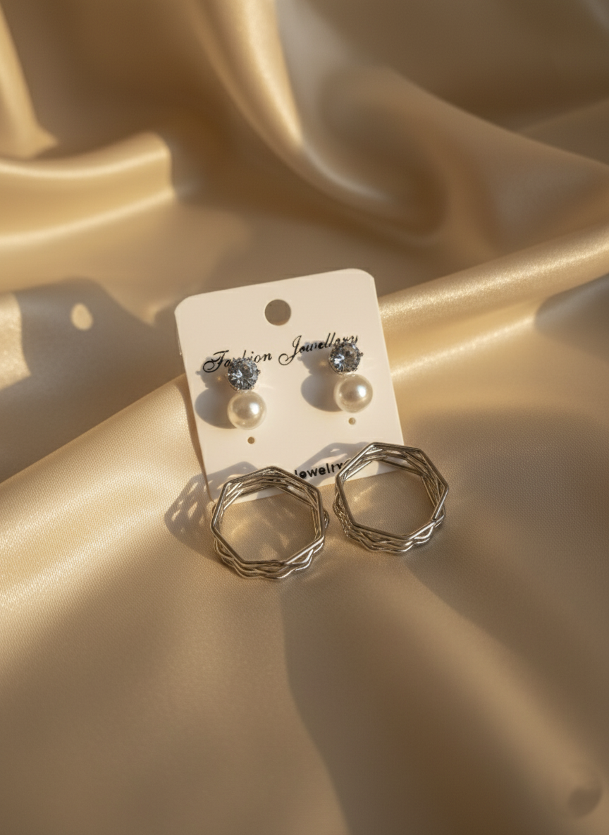 3-Pair Silver Earring Set – Pearls, Studs & Hoops | Elegant Everyday & Party Jewelry