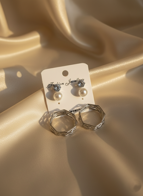 3-Pair Silver Earring Set – Pearls, Studs & Hoops | Elegant Everyday & Party Jewelry